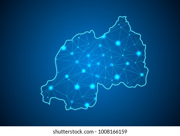 Abstract mash line and point scales on dark background with Map of rwanda. Wire frame 3D mesh polygonal network line, design sphere, dot and structure. communications map of rwanda. Vector.