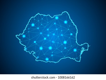 Abstract mash line and point scales on dark background with Map of romania. Wire frame 3D mesh polygonal network line, design sphere, dot and structure. communications map of romania. Vector.