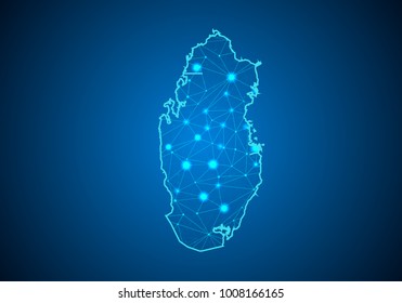 Línea de puré Abstractas y escalas de puntos sobre fondo oscuro con el mapa de Qatar. Marco de alambre de malla 3D línea de red poligonal, esfera de diseño, punto y estructura. Vector.