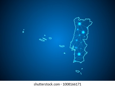 Abstract mash line and point scales on dark background with Map of portugal. Wire frame 3D mesh polygonal network line, design sphere, dot and structure. communications map of portugal. Vector.