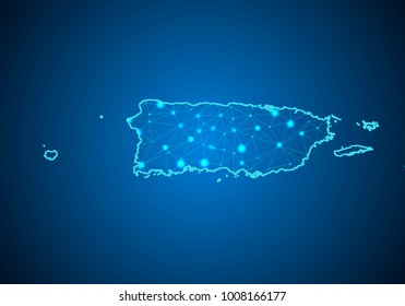 Abstract mash line and point scales on dark background with Map of Puerto Rico. Wire frame 3D mesh polygonal network line, design sphere, dot and structure. communications map of Puerto Rico. Vector.