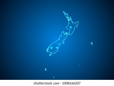 Abstract mash line and point scales on dark background with Map of New Zealand. Wire frame 3D mesh polygonal network line, design sphere, dot and structure. communications map of New Zealand. Vector.