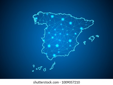 Abstract mash line and point scales on dark background with Map of spain. Wire frame 3D mesh polygonal network line, design sphere, dot and structure. communications map of spain. Vector.