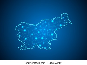 Abstract mash line and point scales on dark background with Map of slovenia. Wire frame 3D mesh polygonal network line, design sphere, dot and structure. communications map of slovenia. Vector.