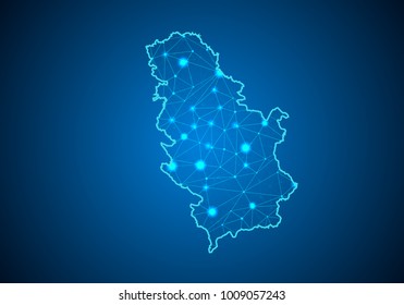 Línea de purga abstracta y escala de puntos en fondo oscuro con el Mapa de Serbia. Línea de red poligonal, esfera de diseño, punto y estructura de malla 3D de marco de cable. mapa de comunicaciones de Serbia.Vector.