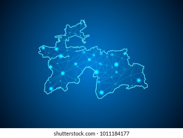 Abstract mash line and point scales on dark background with Map of tajikistan. Wire frame 3D mesh polygonal network line, design sphere, dot and structure. communications map of tajikistan. Vector.