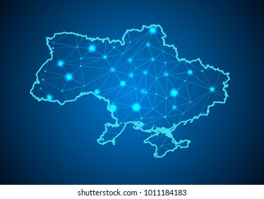 Abstract mash line and point scales on dark background with Map of ukraine. Wire frame 3D mesh polygonal network line, design sphere, dot and structure. communications map of ukraine. Vector.