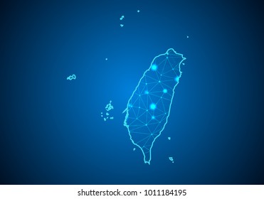 Abstract mash line and point scales on dark background with Map of taiwan. Wire frame 3D mesh polygonal network line, design sphere, dot and structure. communications map of taiwan. Vector.