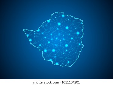 Abstract mash line and point scales on dark background with Map of zimbabwe. Wire frame 3D mesh polygonal network line, design sphere, dot and structure. communications map of zimbabwe. Vector.