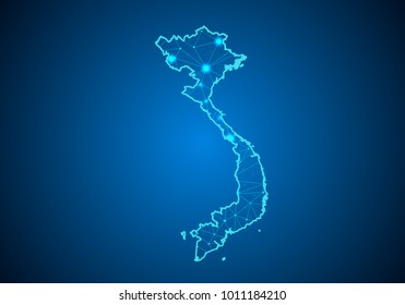 Abstract mash line and point scales on dark background with Map of vietnam. Wire frame 3D mesh polygonal network line, design sphere, dot and structure. communications map of vietnam. Vector.