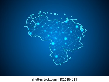 Abstract mash line and point scales on dark background with Map of venezuela. Wire frame 3D mesh polygonal network line, design sphere, dot and structure. communications map of venezuela. Vector.