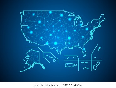 Abstract mash line and point scales on dark background with Map of USA Territories. Wire frame 3D mesh polygonal network line, design sphere, dot and structure. communications map .