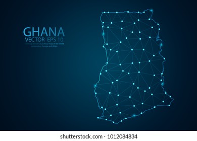 Abstract mash line and point scales on dark background with map of Ghana. Wire frame 3D mesh polygonal network line, polygon design sphere, dot and structure. Vector illustration eps 10.