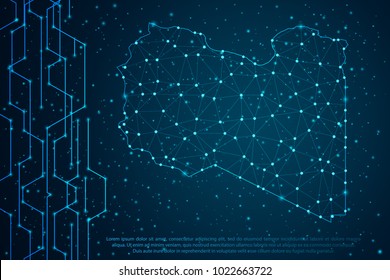 Abstract mash line and point scales on Circuit dark background with map of Libya. Wire frame 3D mesh polygonal network line, design sphere, dot and structure. Vector illustration eps 10.