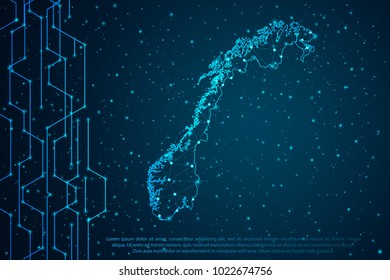 Abstract mash line and point scales on Circuit dark background with map of Norway. Wire frame 3D mesh polygonal network line, design sphere, dot and structure. Vector illustration eps 10.