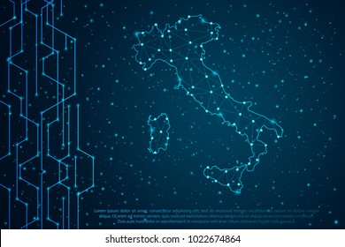 Abstract mash line and point scales on Circuit dark background with map of Italy. Wire frame 3D mesh polygonal network line, design sphere, dot and structure. Vector illustration eps 10.