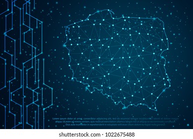 Abstract mash line and point scales on Circuit dark background with map of Poland. Wire frame 3D mesh polygonal network line, design sphere, dot and structure. Vector illustration eps 10.