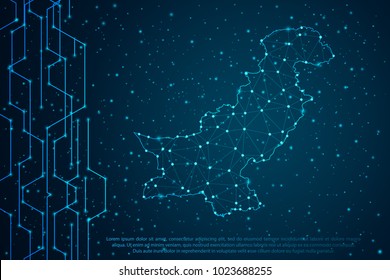 Abstract mash line and point scales on Circuit dark background with map of Pakistan. Wire frame 3D mesh polygonal network line, design sphere, dot and structure. Vector illustration eps 10.