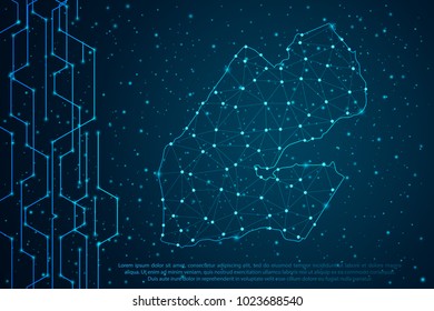 Abstract mash line and point scales on Circuit dark background with map of Djibouti. Wire frame 3D mesh polygonal network line, design sphere, dot and structure. Vector illustration eps 10.