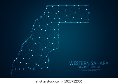 Abstract mash line and point scales on dark background with map of Western Sahara. Wire frame 3D mesh polygonal network line, design polygon sphere, dot and structure. Vector illustration eps 10.
