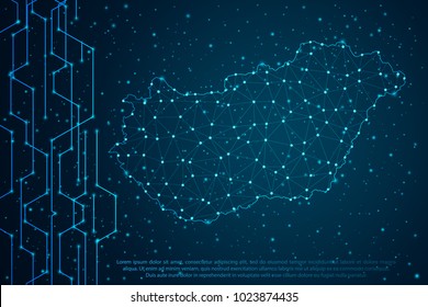 Abstract mash line and point scales on Circuit dark background with map of Hungary. Wire frame 3D mesh polygonal network line, design sphere, dot and structure. Vector illustration eps 10.