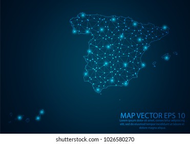 Abstract mash line and point scales on dark background with map of Spain.3D mesh polygonal network line, design sphere, dot and structure. Vector illustration eps 10.


