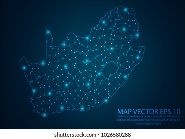 Abstract mash line and point scales on dark background with map of South Africa.3D mesh polygonal network line, design sphere, dot and structure. Vector illustration eps 10.

