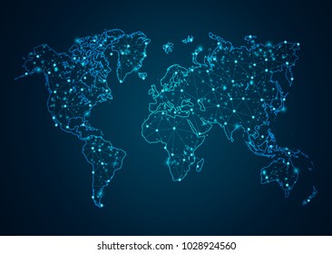 Abstract mash line and point scales on dark background with Map World. Wire Frame 3D mesh polygonal network line, design sphere, dot and structure. Vector illustration eps 10.