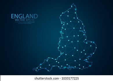 Abstract mash line and point scales on Dark background with map of England. Wire frame 3D mesh polygonal network line, design polygon sphere, dot and structure. Vector illustration eps 10. svg