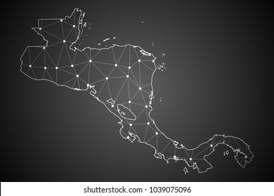 Abstract Mash Line and Point Scales on The Dark Gradient Background With Map of Central America. 3D Mesh Polygonal Network Connections.Vector illustration eps10.