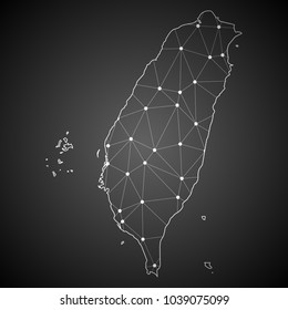 Abstract Mash Line and Point Scales on The Dark Gradient Background With Map of Taiwan. 3D Mesh Polygonal Network Connections.Vector illustration eps10.