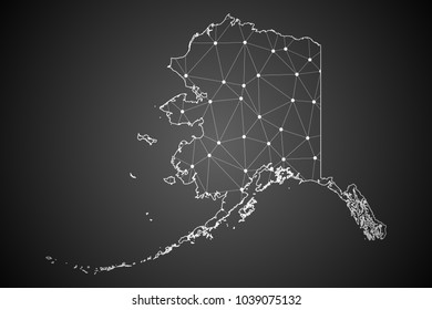 Abstract Mash Line and Point Scales on The Dark Gradient Background With Map of Alaska. 3D Mesh Polygonal Network Connections.Vector illustration eps10.
