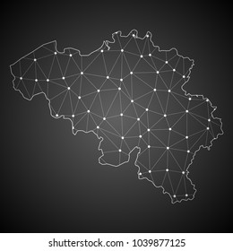 Abstract Mash Line and Point Scales on The Dark Gradient Background With Map of Belgium. 3D Mesh Polygonal Network Connections.Vector illustration eps10.