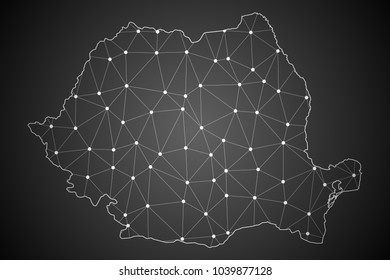 Abstract Mash Line and Point Scales on The Dark Gradient Background With Map of Romania. 3D Mesh Polygonal Network Connections.Vector illustration eps10.