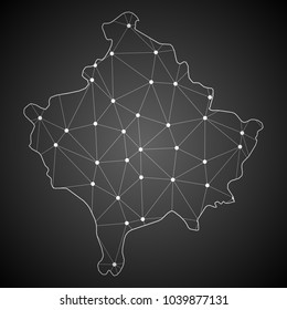 Abstract Mash Line and Point Scales on The Dark Gradient Background With Map of Kosovo. 3D Mesh Polygonal Network Connections.Vector illustration eps10.