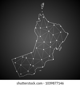 Abstract Mash Line and Point Scales on The Dark Gradient Background With Map of Oman. 3D Mesh Polygonal Network Connections.Vector illustration eps10.