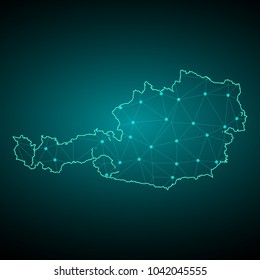 Abstract mash line and point scales on dark background with Map of austria. Wire frame 3D mesh polygonal network line, design sphere, dot and structure. communications map of austria. Vector.