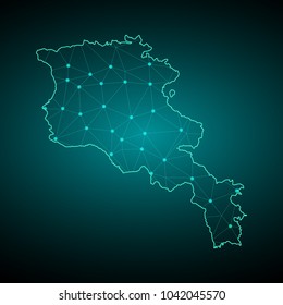 Abstract mash line and point scales on dark background with Map of armenia. Wire frame 3D mesh polygonal network line, design sphere, dot and structure. communications map of armenia. Vector.