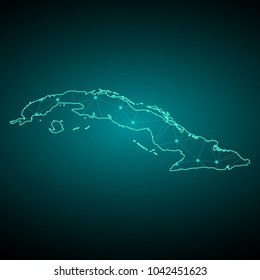 Abstract mash line and point scales on dark background with Map of cuba. Wire frame 3D mesh polygonal network line, design sphere, dot and structure. communications map of cuba. Vector illustration