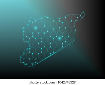 Abstract mash line and point scales on dark background with Map of syria. 