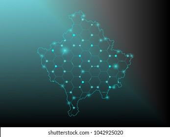 Abstract mash line and point scales on dark background with Map of kosovo. Wire frame 3D mesh polygonal network line, design sphere, dot and structure. communications map of kosovo. Vector.