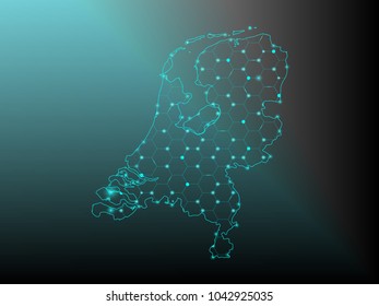 Abstract mash line and point scales on dark background with Map of netherlands. Wire frame 3D mesh polygonal network line, design sphere, dot and structure. communications map of netherlands. Vector.