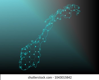 Abstract mash line and point scales on dark background with Map of norway. Wire frame 3D mesh polygonal network line, design sphere, dot and structure. communications map of norway. Vector.
