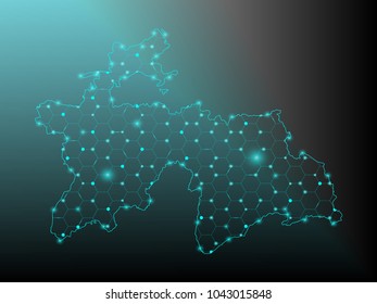 Abstract mash line and point scales on dark background with Map of tajikistan. Wire frame 3D mesh polygonal network line, design sphere, dot and structure. communications map of tajikistan. Vector.