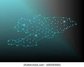 Abstract mash line and point scales on dark background with Map of kyrgyzstan. Wire frame 3D mesh polygonal network line, design sphere, dot and structure. communications map of kyrgyzstan. Vector.
