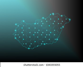Abstract mash line and point scales on dark background with Map of hungary. Wire frame 3D mesh polygonal network line, design sphere, dot and structure. communications map of hungary. Vector.