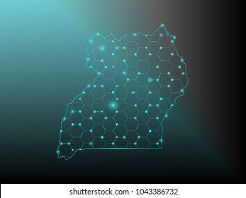Abstract mash line and point scales on dark background with map of Uganda. Wire frame 3D mesh polygonal network line, design sphere, dot and structure. Vector illustration eps 10.