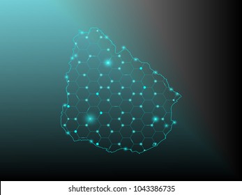 Abstract mash line and point scales on dark background with map of Uruguay. Wire frame 3D mesh polygonal network line, design sphere, dot and structure. Vector illustration eps 10.