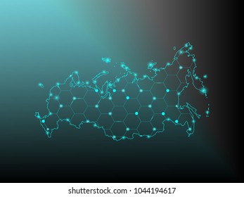 Abstract mash line and point scales on dark background with Map of Russia. Wire frame 3D mesh polygonal network line, polygon design sphere, dot and structure. Vector illustration eps 10.