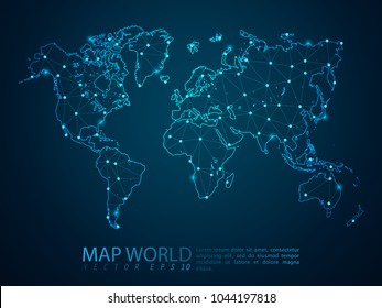 Abstract mash line and point scales on dark background with Map World. Wire Frame 3D mesh polygonal network line, design sphere, dot and structure. Vector illustration eps 10.